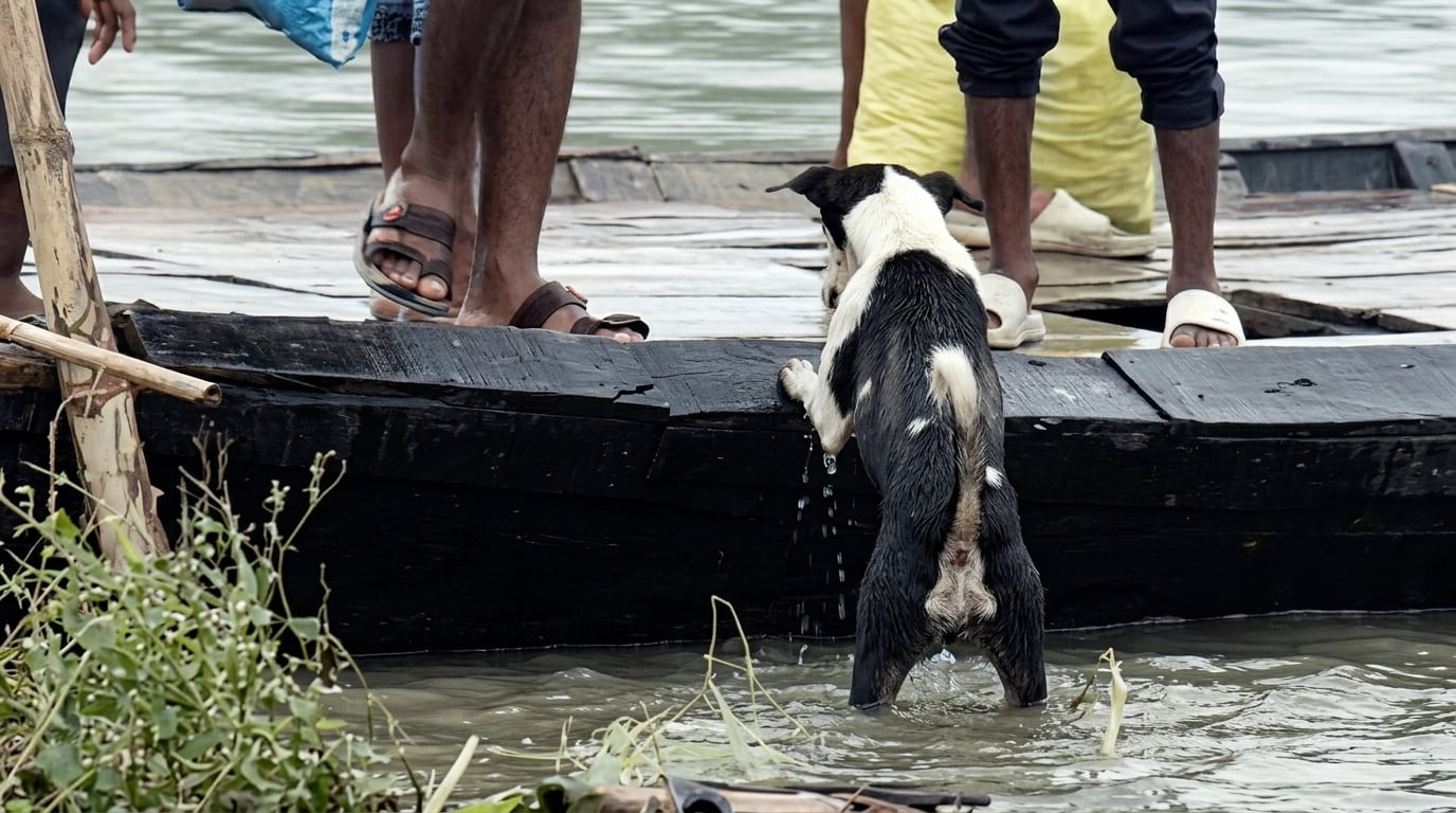 ¡Sin piedad! Impiden a perrito que suba a bote en plena inundación | VIDEO