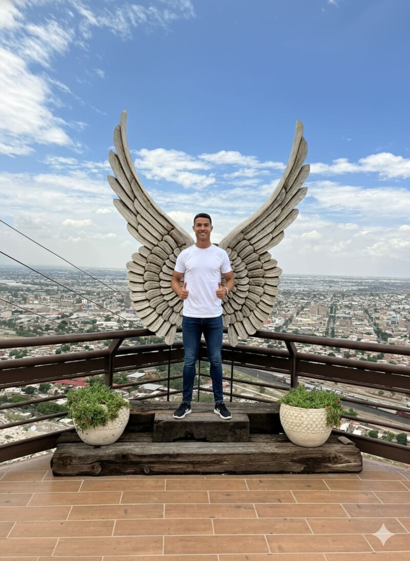 Cristiano Ronaldo posando en las alas del Ángel del Puerto Noas.