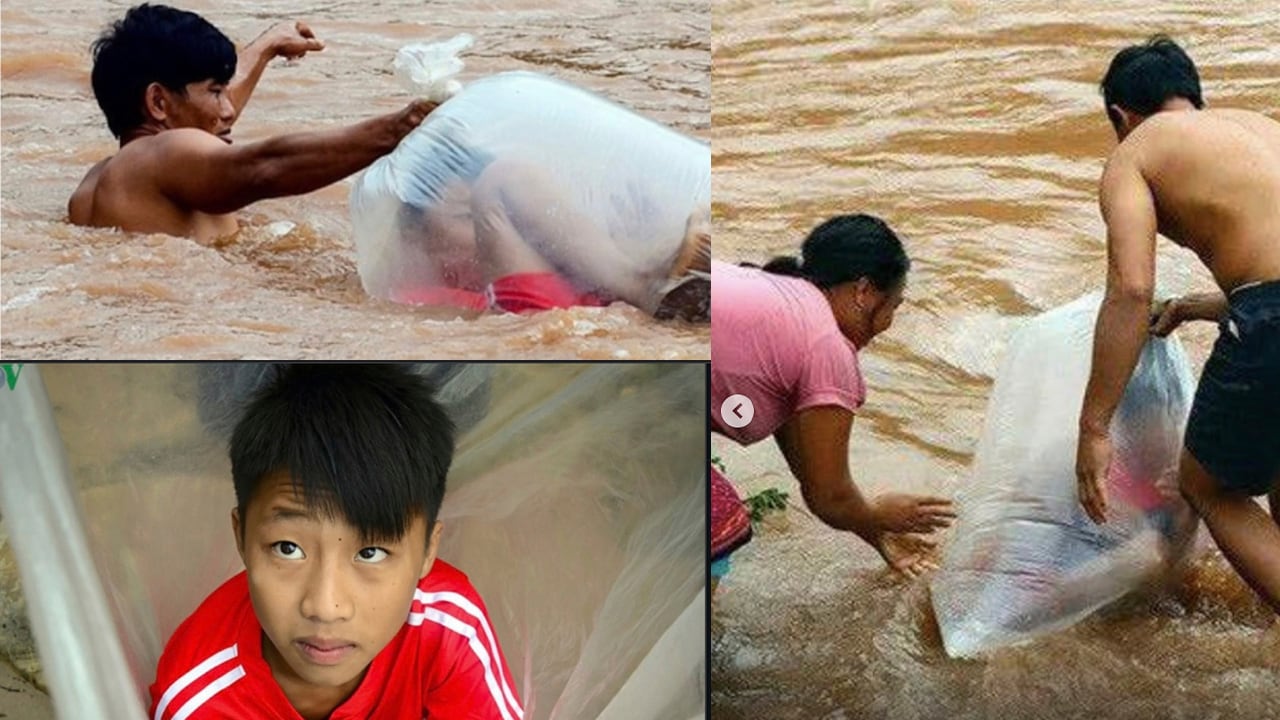 Padres meten a sus hijos en bolsas de plástico para cruzar río rumbo a la escuela