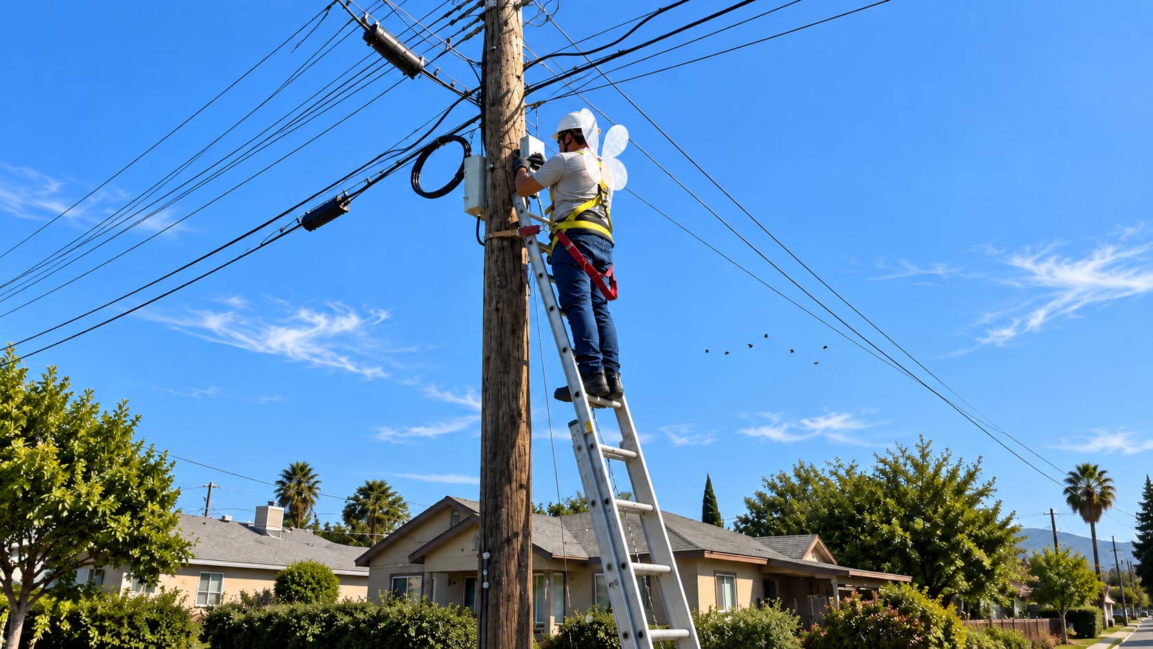 Trabajador de la luz sube a poste con alas de hada por tierna petición de su hija
