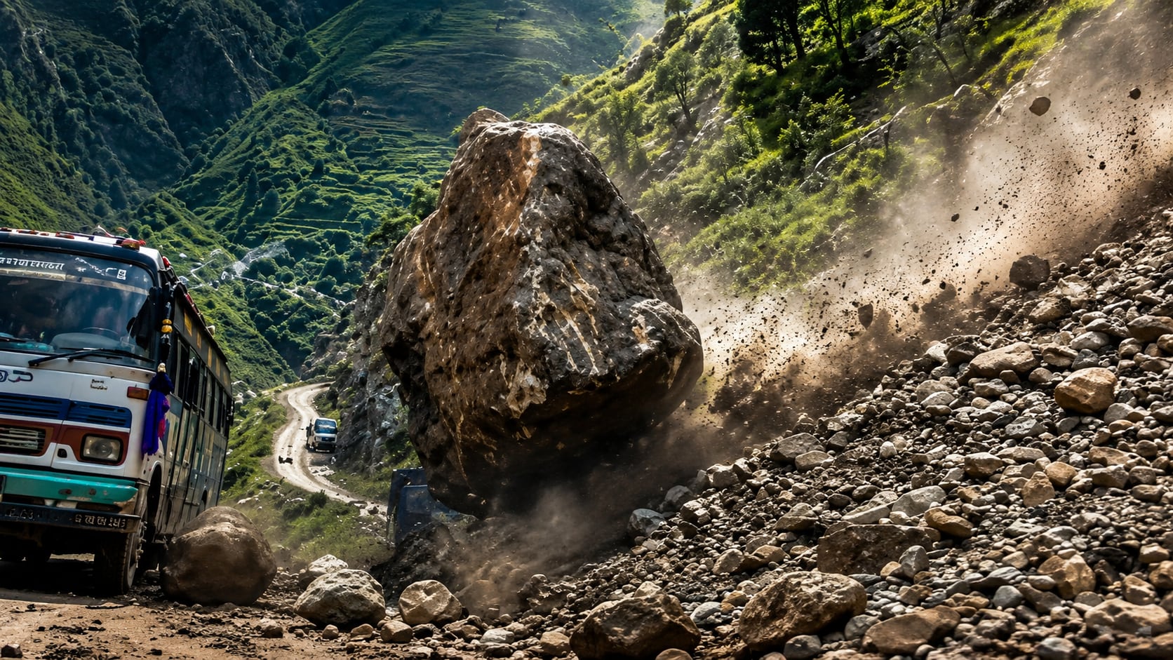 VIDEO | Enorme roca se desprende de montaña y aplasta a un autobús de pasajeros